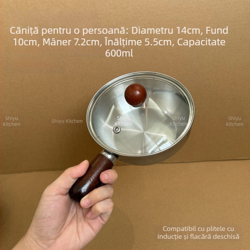 Oală Yukihira din oțel inox 304 pentru o singură persoană, compatibilă cu plita cu inducție, mic vas pentru uz casnic, pentru fierberea tăițeilor și încălzirea laptelui, antiaderent, vas pentru hrana bebelușilor