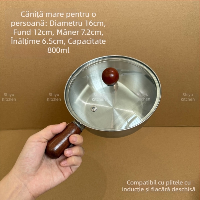 Oală Yukihira din oțel inox 304 pentru o singură persoană, compatibilă cu plita cu inducție, mic vas pentru uz casnic, pentru fierberea tăițeilor și încălzirea laptelui, antiaderent, vas pentru hrana bebelușilor