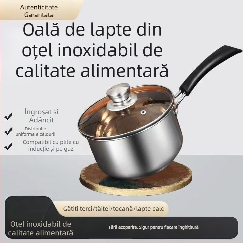 Oală de lapte din oțel inoxidabil, cu fund gros, pentru uz casnic, potrivită pentru tăiței instant, supă pentru bebeluși, lapte pentru sugari și mâncare pentru bebeluși, compatibilă cu plitele cu inducție