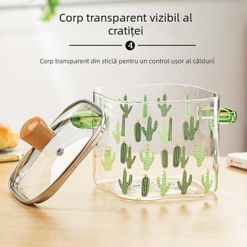 Oală de lapte din sticlă borosilikată, cu mânere duble, design transparent în formă de cactus, capac, mare capacitate, rezistentă la temperaturi înalte, fără strat de acoperire