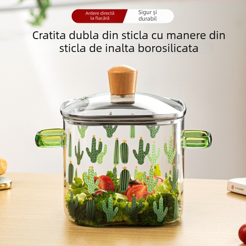 Oală de lapte din sticlă borosilikată, cu mânere duble, design transparent în formă de cactus, capac, mare capacitate, rezistentă la temperaturi înalte, fără strat de acoperire