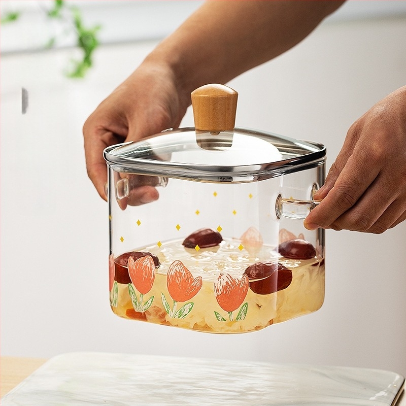 Oală de lapte din sticlă borosilikată, cu mânere duble, design transparent în formă de cactus, capac, mare capacitate, rezistentă la temperaturi înalte, fără strat de acoperire