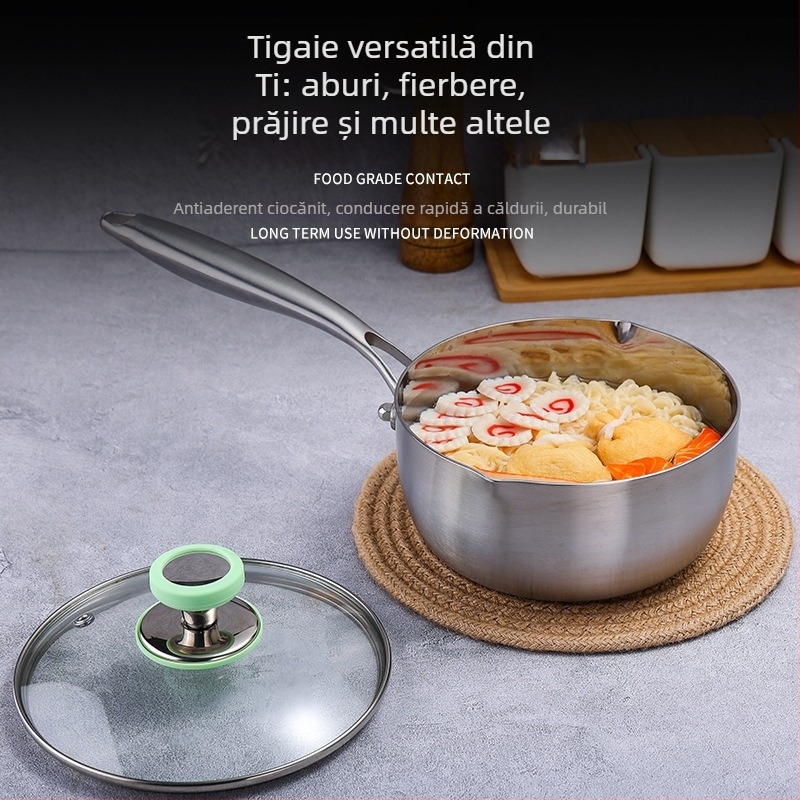 Oală Yukihira din titan fără acoperire pentru uz casnic, oală antiaderentă pentru hrana bebelușilor, compatibilă cu plitele cu inducție și gaz, oală de supă, mică oală pentru lapte