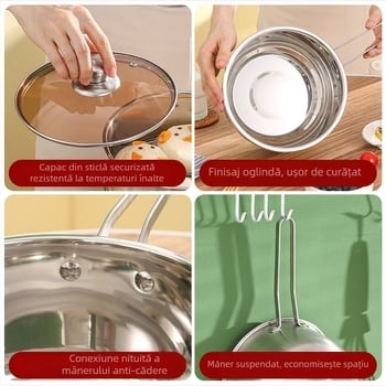 Oală pentru lapte din oțel inoxidabil, 18 cm, bază groasă, capac din sticlă temperată, compatibilă cu plitele cu inducție