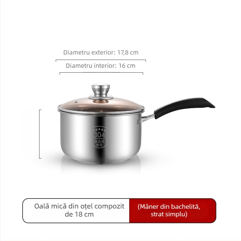 Oală pentru lapte din oțel inoxidabil, 18 cm, bază groasă, capac din sticlă temperată, compatibilă cu plitele cu inducție