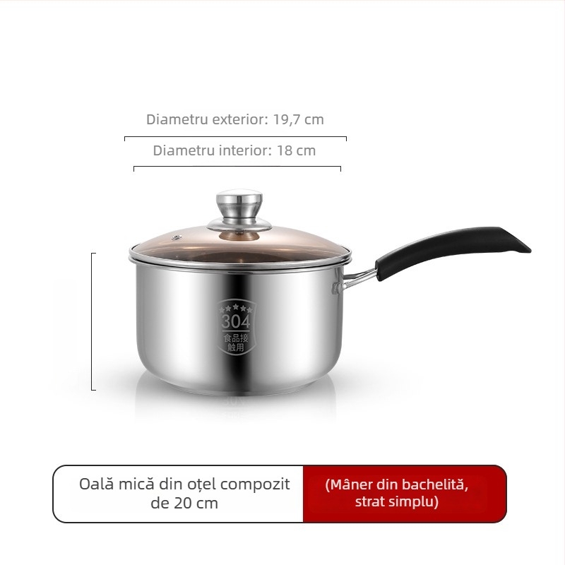 Oală pentru lapte din oțel inoxidabil, 18 cm, bază groasă, capac din sticlă temperată, compatibilă cu plitele cu inducție