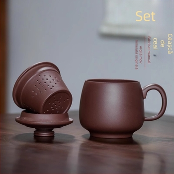 Ceașă din lut purpuriu Yixing, lucrată manual, cu capac și filtru interior, set de birou din trei piese pentru separarea ceaiului de apă