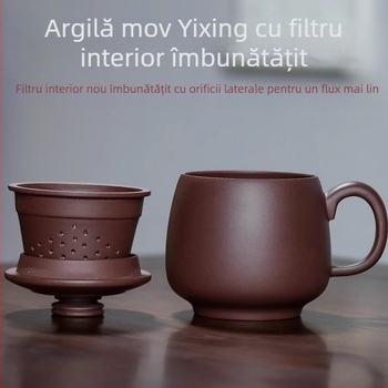 Ceașă din lut purpuriu Yixing, lucrată manual, cu capac și filtru interior, set de birou din trei piese pentru separarea ceaiului de apă