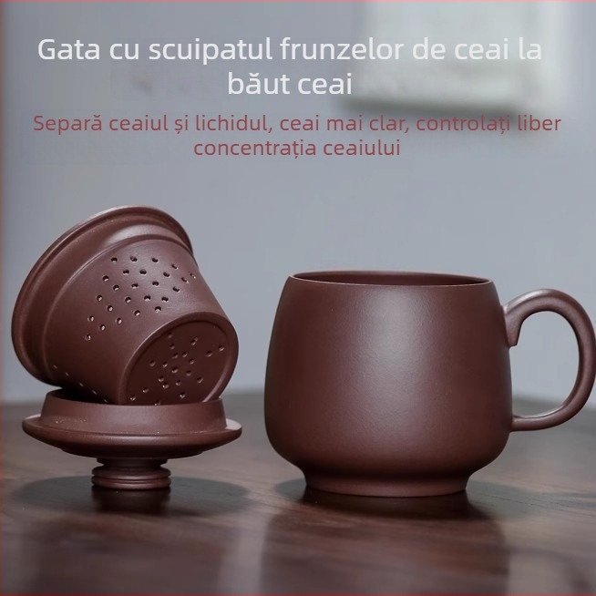 Ceașă din lut purpuriu Yixing, lucrată manual, cu capac și filtru interior, set de birou din trei piese pentru separarea ceaiului de apă