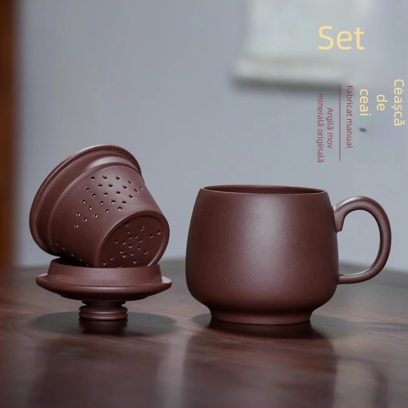 Ceașă din lut purpuriu Yixing, lucrată manual, cu capac și filtru interior, set de birou din trei piese pentru separarea ceaiului de apă
