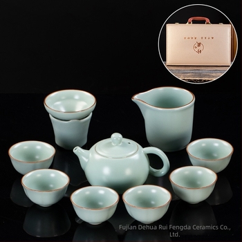 Set ceai ceramic Celadon Crăpat Ru Kiln – mare set cu ceainic cu capac, pentru casă şi birou, cadou premium