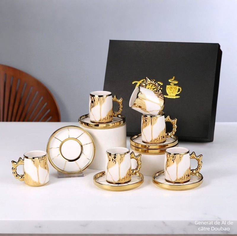 Set de cești de cafea și farfurioare cu folie de aur, stil european, 6 cești și 6 farfurioare, ceramică, pentru uz casnic, ceașcă de ceai negru