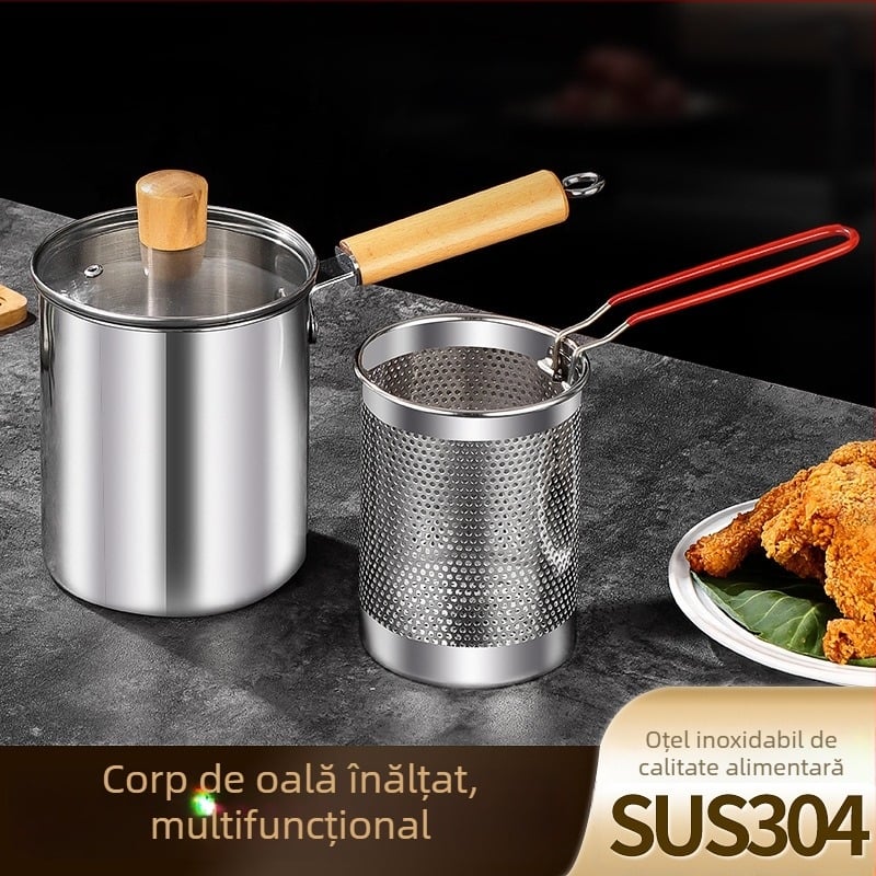 Oală de prăjit din oțel inoxidabil 304 cu strecurător, oală multifuncțională pentru prăjit, cu vas mic pentru lapte, pentru uz casnic, design înalt și adânc pentru frigărui