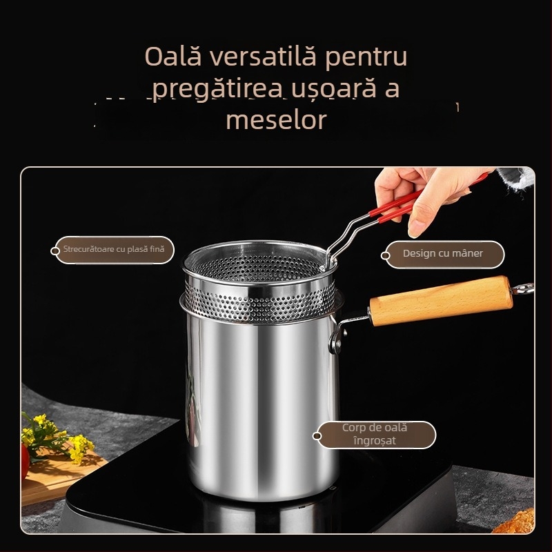 Oală de prăjit din oțel inoxidabil 304 cu strecurător, oală multifuncțională pentru prăjit, cu vas mic pentru lapte, pentru uz casnic, design înalt și adânc pentru frigărui