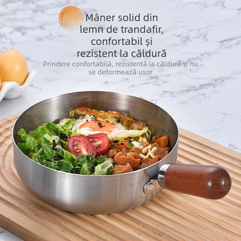 Oală din oțel inoxidabil, multifuncțională, cu mâner din lemn rezistent la căldură și capac de sticlă; potrivită pentru sosuri și tăiței, fără strat antiaderent