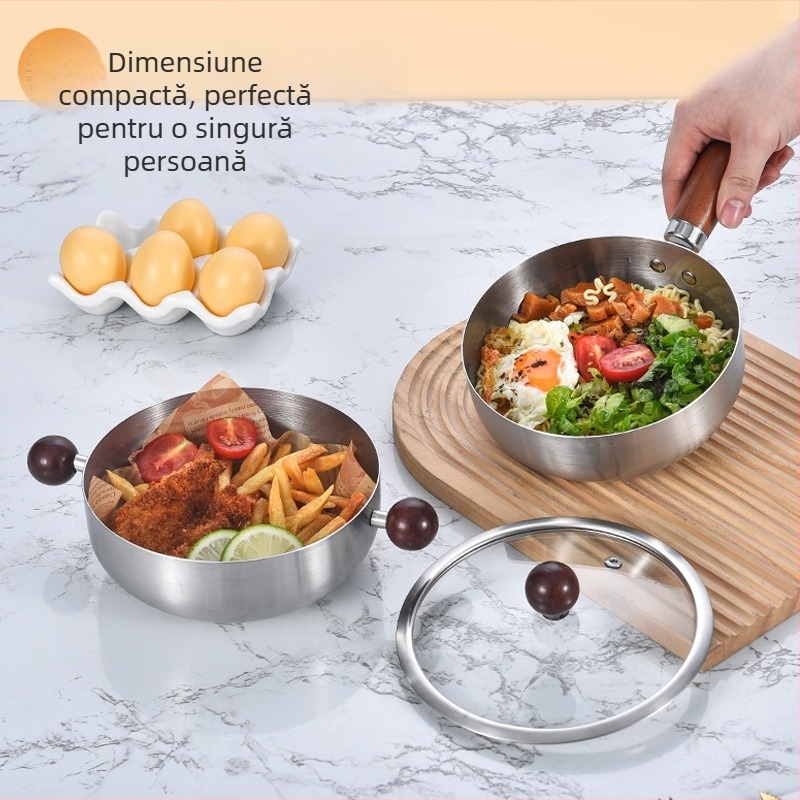 Oală din oțel inoxidabil, multifuncțională, cu mâner din lemn rezistent la căldură și capac de sticlă; potrivită pentru sosuri și tăiței, fără strat antiaderent