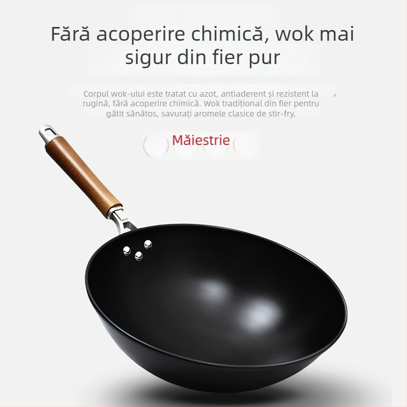 Wok tradițional fără strat, cu fund rotund, din fontă forjată, potrivit pentru aragaz cu gaz, uz casnic
