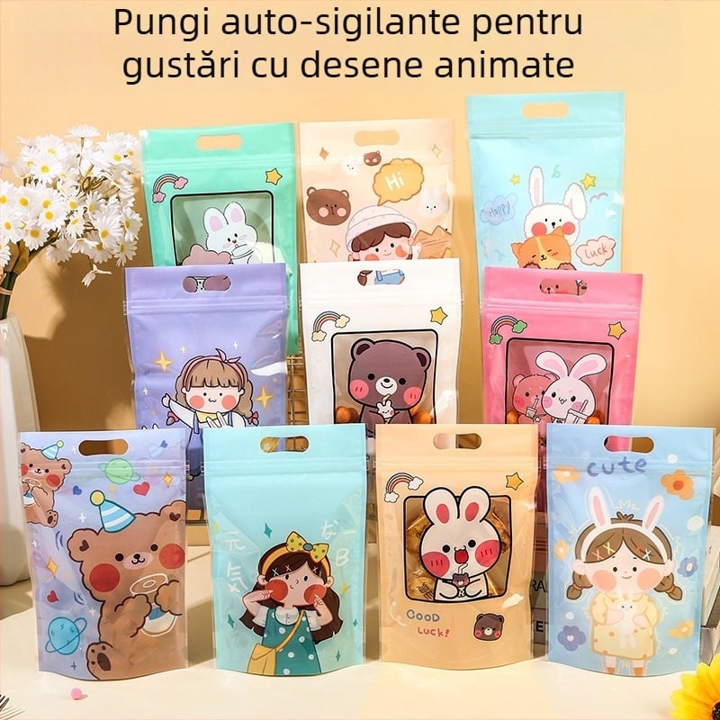 Pungi drăguțe de ambalare a alimentelor pentru biscuiți și bomboane, transparente, cu fermoar, stand-up