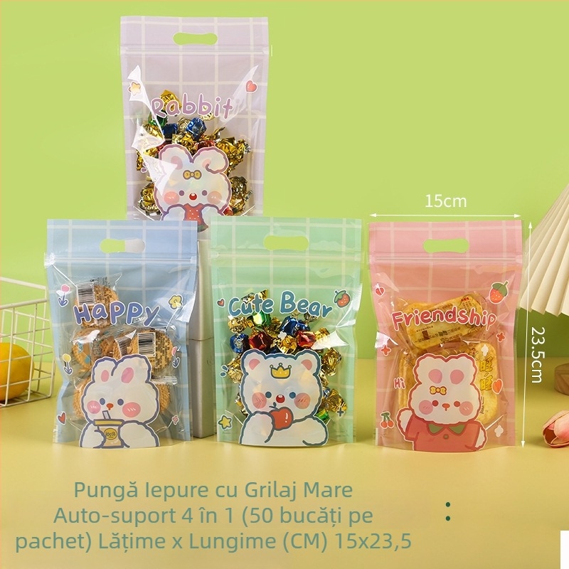 Pungi drăguțe de ambalare a alimentelor pentru biscuiți și bomboane, transparente, cu fermoar, stand-up