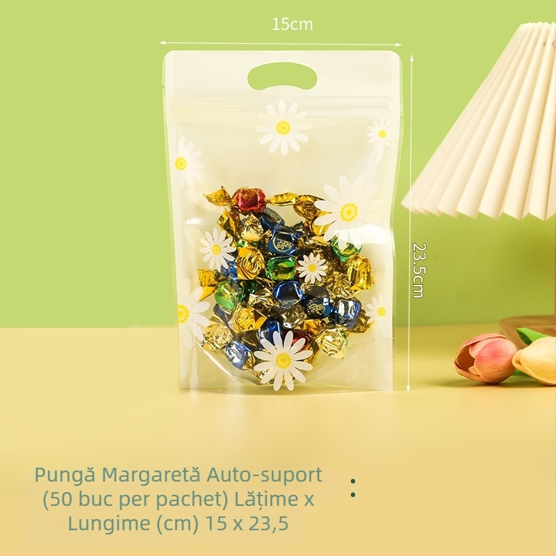 Pungi drăguțe de ambalare a alimentelor pentru biscuiți și bomboane, transparente, cu fermoar, stand-up