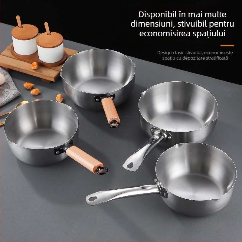 Oală din oțel inoxidabil cu mâner din lemn – oală de gătit multifuncțională pentru paste, terci de orez și tăiței de orez