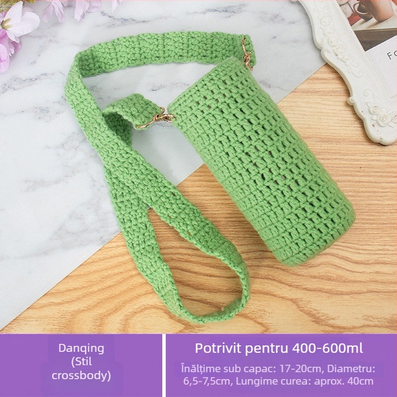 Copertă croșetată pentru pahar cu bretea diagonală, din lână, lucrată manual
