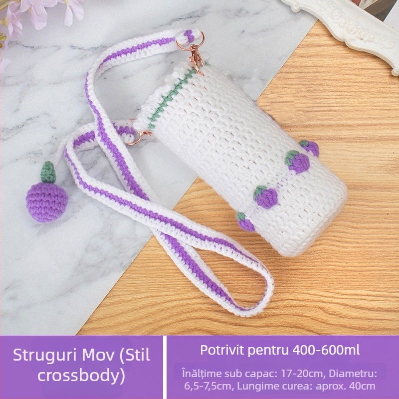 Copertă croșetată pentru pahar cu bretea diagonală, din lână, lucrată manual