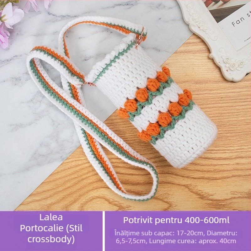 Copertă croșetată pentru pahar cu bretea diagonală, din lână, lucrată manual