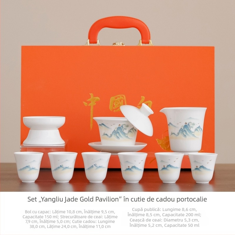 Set de ceai Kung Fu din porțelan alb de înaltă calitate, cu design peisaj, inclus gaiwan, cutie cadou ceramică și suveniruri