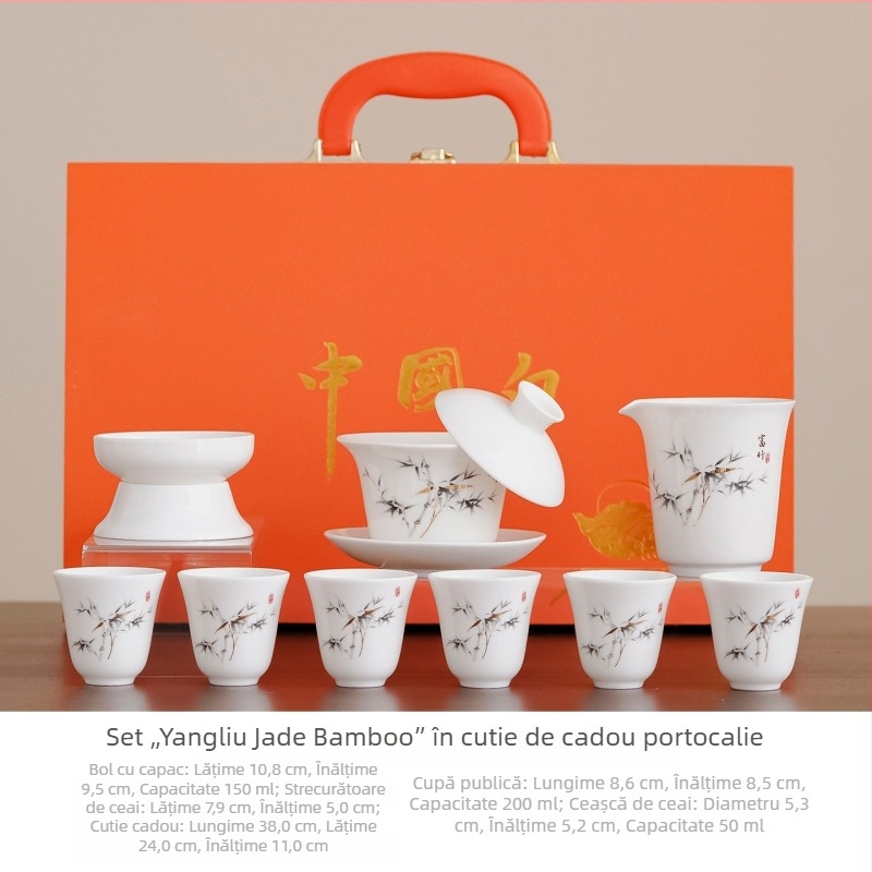 Set de ceai Kung Fu din porțelan alb de înaltă calitate, cu design peisaj, inclus gaiwan, cutie cadou ceramică și suveniruri