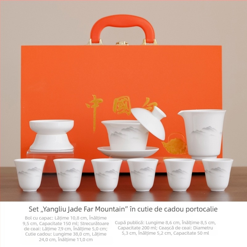 Set de ceai Kung Fu din porțelan alb de înaltă calitate, cu design peisaj, inclus gaiwan, cutie cadou ceramică și suveniruri