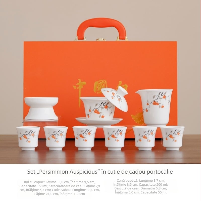 Set de ceai Kung Fu din porțelan alb de înaltă calitate, cu design peisaj, inclus gaiwan, cutie cadou ceramică și suveniruri