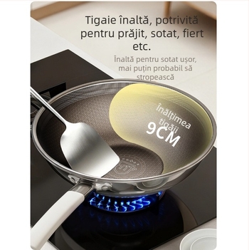 În stoc: tigaie din oțel inoxidabil 304 cu titan, pentru uz casnic, antiaderentă, compatibilă cu plitele cu inducție, bază titan cu design fagure