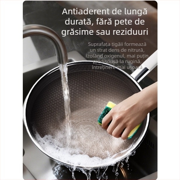În stoc: tigaie din oțel inoxidabil 304 cu titan, pentru uz casnic, antiaderentă, compatibilă cu plitele cu inducție, bază titan cu design fagure