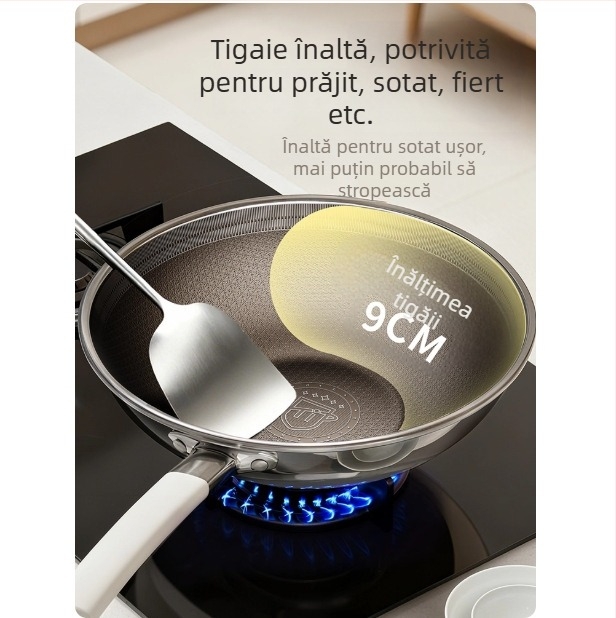 În stoc: tigaie din oțel inoxidabil 304 cu titan, pentru uz casnic, antiaderentă, compatibilă cu plitele cu inducție, bază titan cu design fagure