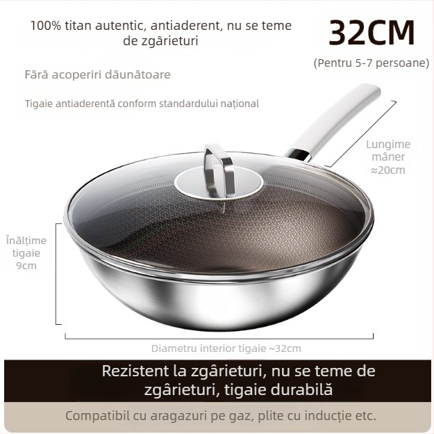 În stoc: tigaie din oțel inoxidabil 304 cu titan, pentru uz casnic, antiaderentă, compatibilă cu plitele cu inducție, bază titan cu design fagure