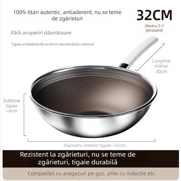 În stoc: tigaie din oțel inoxidabil 304 cu titan, pentru uz casnic, antiaderentă, compatibilă cu plitele cu inducție, bază titan cu design fagure