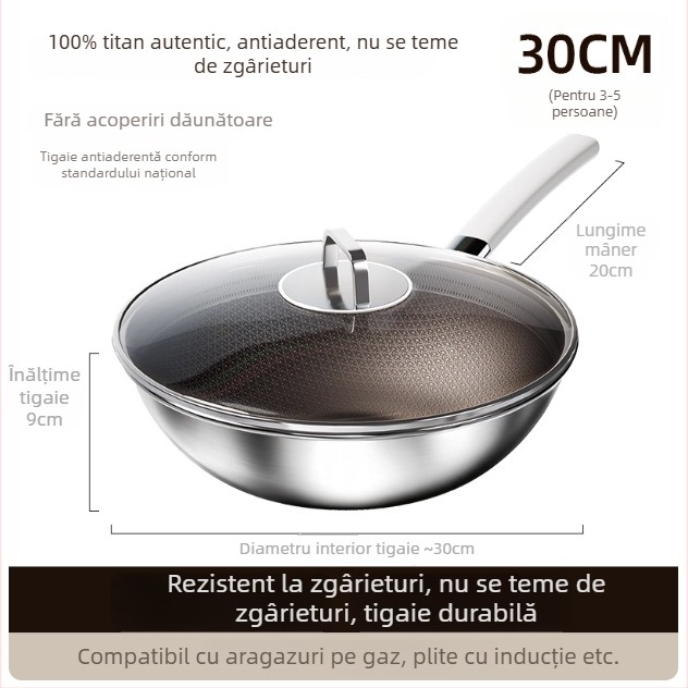 În stoc: tigaie din oțel inoxidabil 304 cu titan, pentru uz casnic, antiaderentă, compatibilă cu plitele cu inducție, bază titan cu design fagure