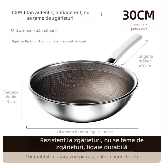 În stoc: tigaie din oțel inoxidabil 304 cu titan, pentru uz casnic, antiaderentă, compatibilă cu plitele cu inducție, bază titan cu design fagure