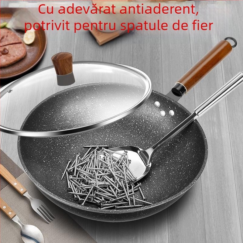 Kang Shida Wok din piatră Maifan, antiaderent, pentru prăjit, cu fum redus, compatibil cu plitele cu inducție și gaz, fier