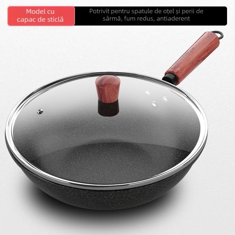 Kang Shida Wok din piatră Maifan, antiaderent, pentru prăjit, cu fum redus, compatibil cu plitele cu inducție și gaz, fier