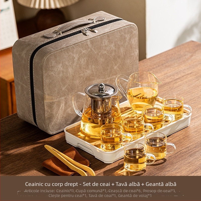 Set Gongfu de ceai din sticlă borosilicat portabil pentru călătorii, casă și birou, compatibil cu flacără deschisă