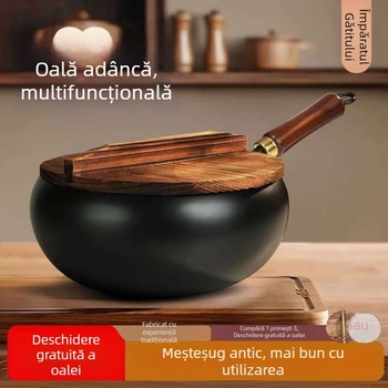 Wok tradițional autentic cu burtă mare pentru uz casnic, wok din oțel neaderent cu fund plat, îngroșat