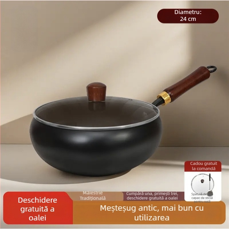 Wok tradițional autentic cu burtă mare pentru uz casnic, wok din oțel neaderent cu fund plat, îngroșat