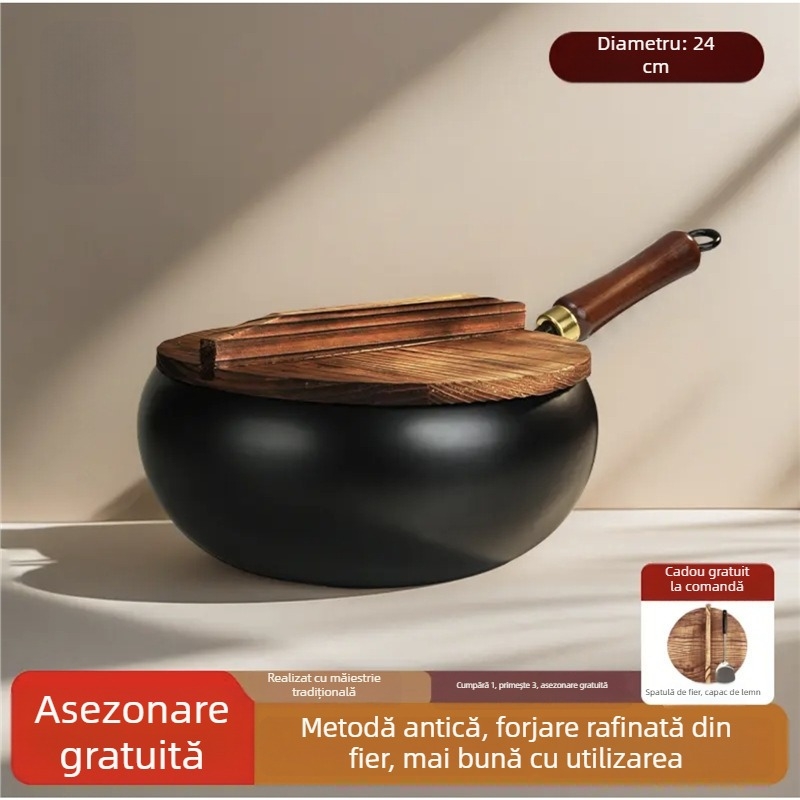 Wok tradițional autentic cu burtă mare pentru uz casnic, wok din oțel neaderent cu fund plat, îngroșat