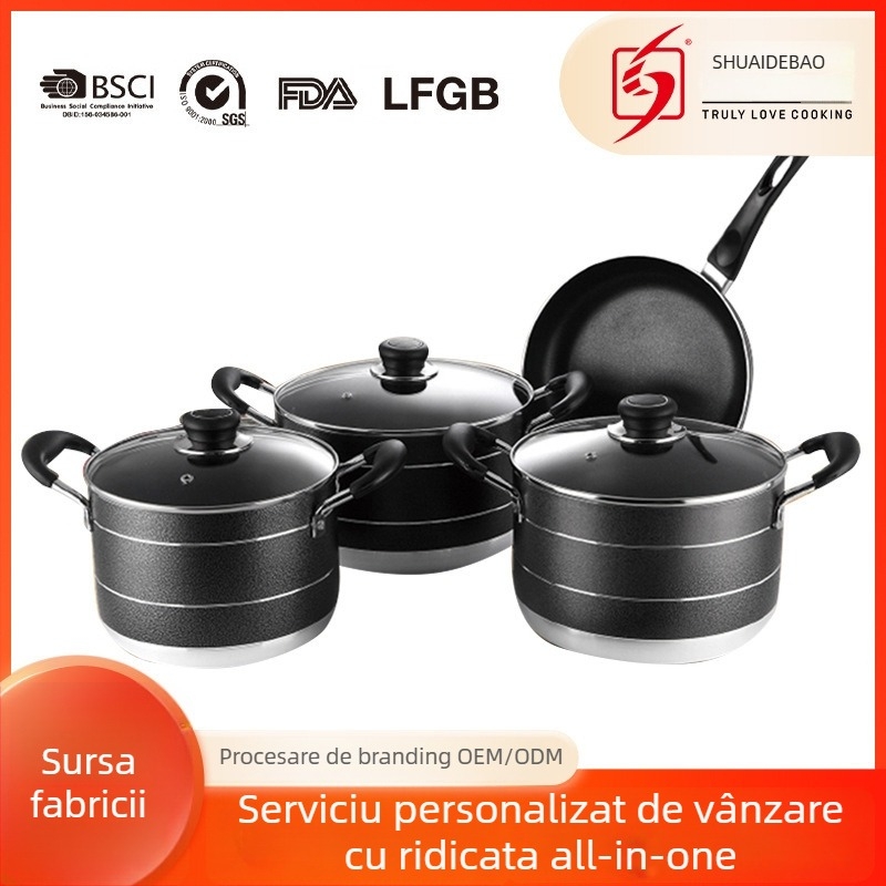Set de vase din aluminiu, cu strat antiaderent, cu oale de supă 20/22/24 cm și tigaie de 24 cm, model CP-03