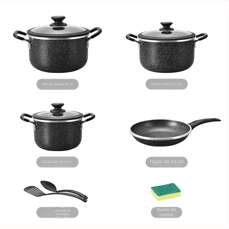 Set de vase din aluminiu, cu strat antiaderent, cu oale de supă 20/22/24 cm și tigaie de 24 cm, model CP-03