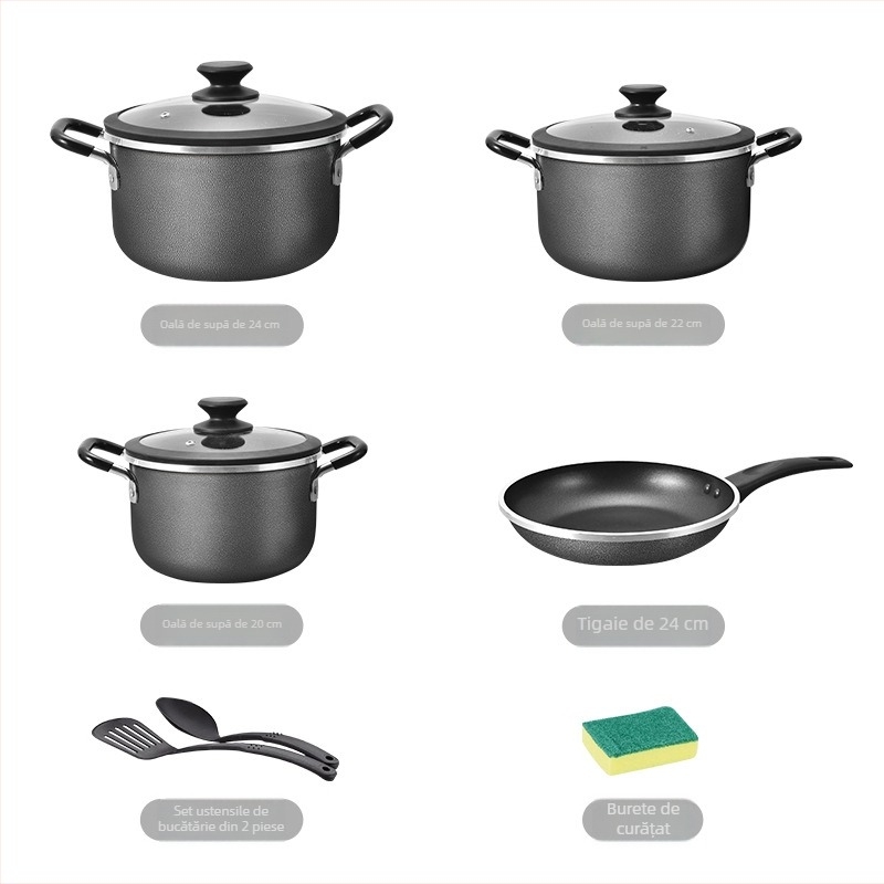 Set de vase din aluminiu, cu strat antiaderent, cu oale de supă 20/22/24 cm și tigaie de 24 cm, model CP-03