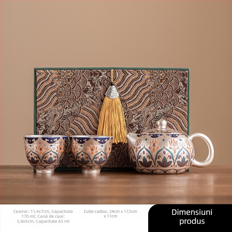 Ceainic din argint placat cu aur Dunhuang Xishi, set ceai cu un ceainic și două cești
