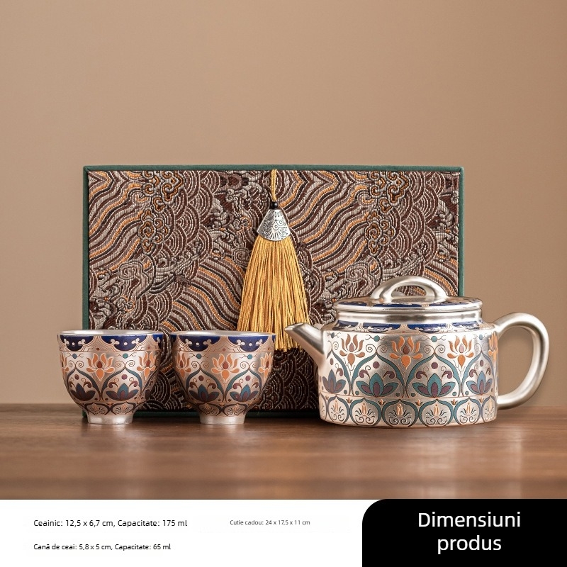 Ceainic din argint placat cu aur Dunhuang Xishi, set ceai cu un ceainic și două cești